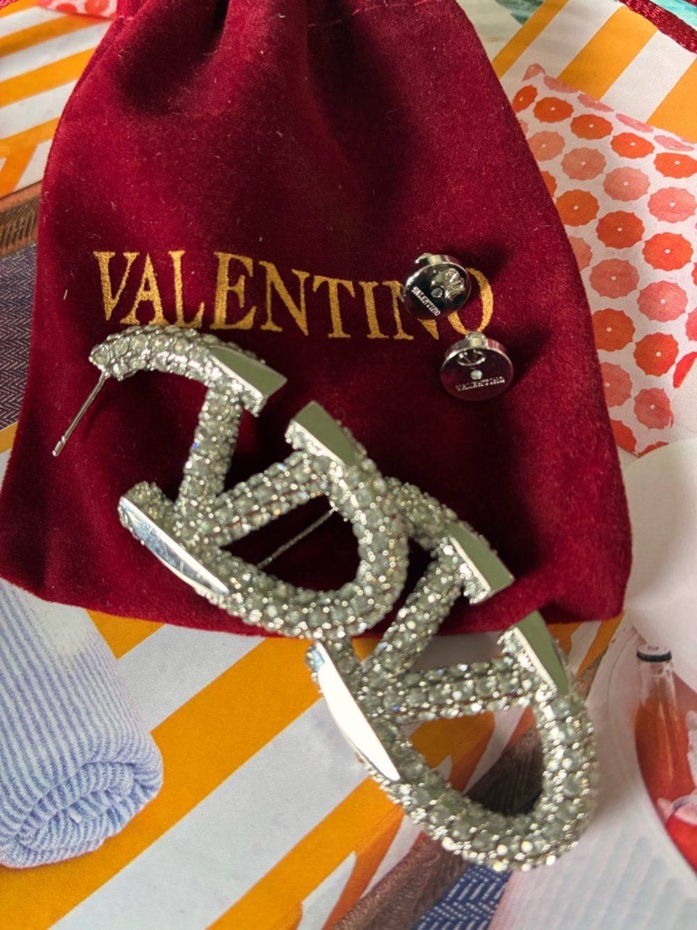 Valentino Crystal Logo Stud Earrings - Silver and Burgundy Accent